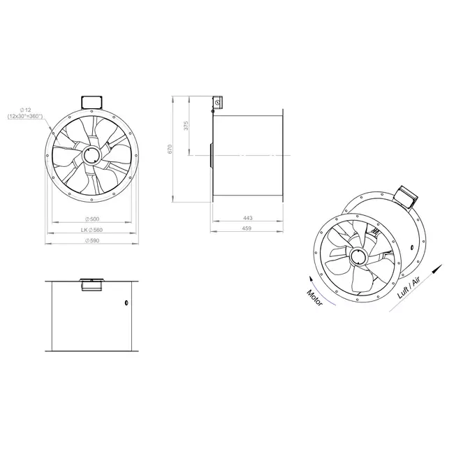 Aksial 500 mm røggasventilator med kanal F300- AL 500 D4 F3 03 CFG