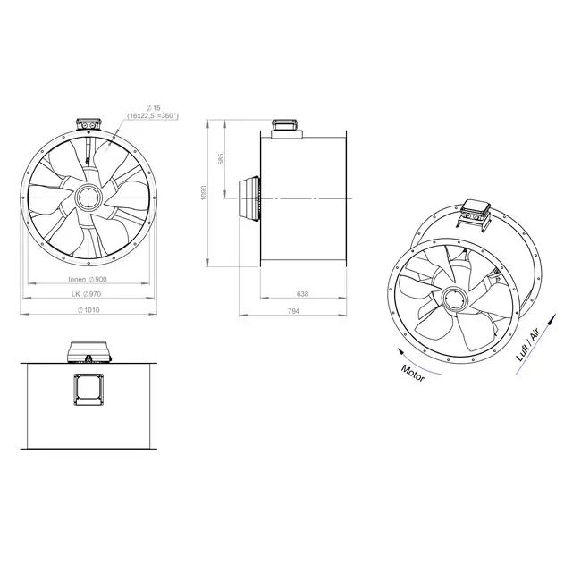 Aksial 900 mm røggasventilator med kanal F400 - AL 900 D4 F4 04 CFG