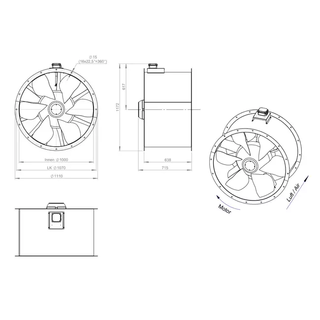 Aksial 1000 mm kanalventilator røggas F400 - AL 1000 D6 F4 02 CFG