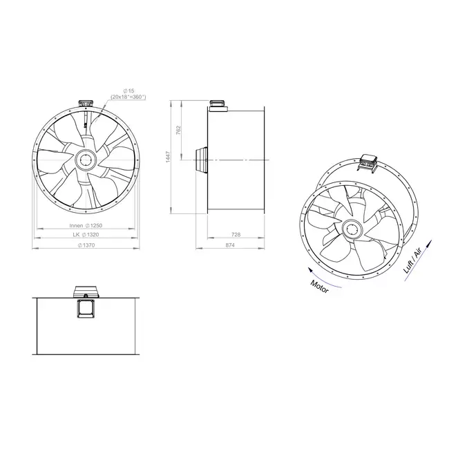 Aksial 1250 mm kanalventilator røggas F300- AL 1250 D6 F3 07 CFG