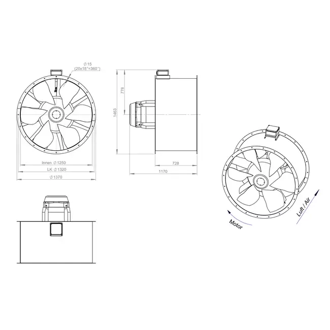 Aksial 1250 mm kanalventilator røggas F300- AL 1250 D6 F3 06 CFG