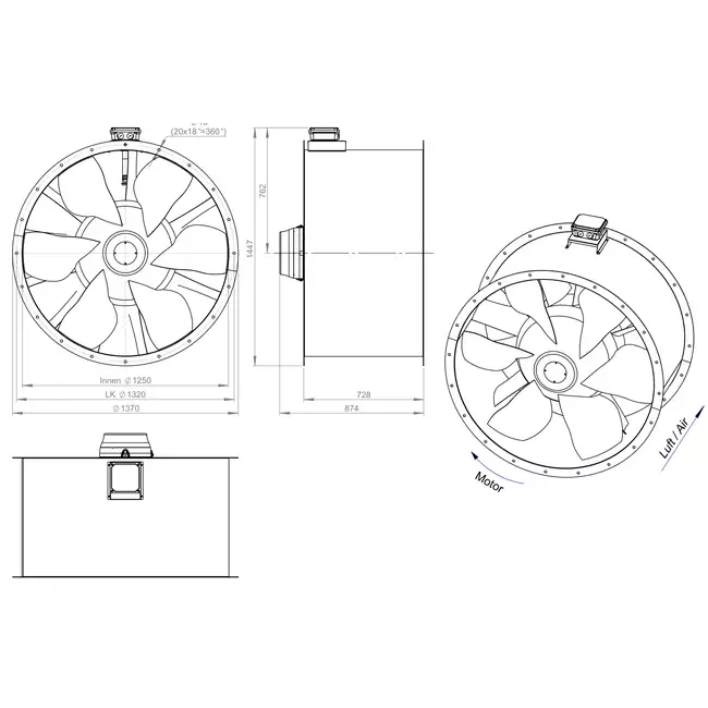 Aksial 1250 mm kanalventilator røggas F400 - AL 1250 D6 F4 01 CFG