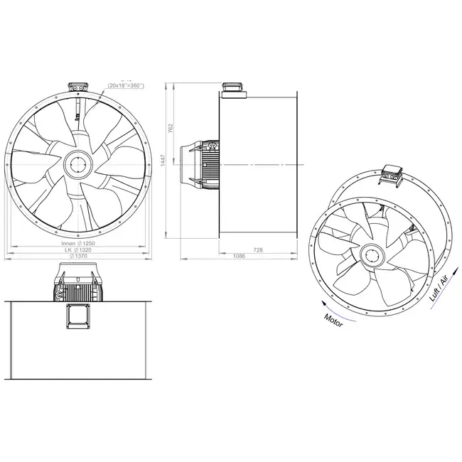 Aksial 1250 mm kanalventilator røggas F400 - AL 1250 D6 F4 04 CFG