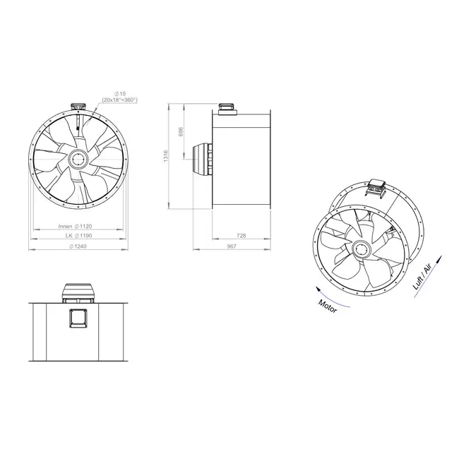 Aksial 1120 mm røggasventilator med kanal F400 - AL 1120 D6 F4 05 CFG