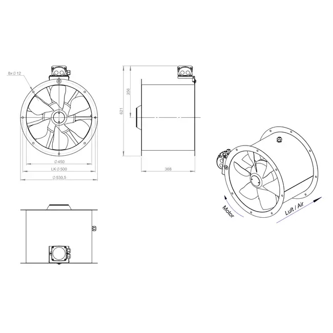 Aksial 450 mm kanalventilator - AL 450 D42U 02 CFG
