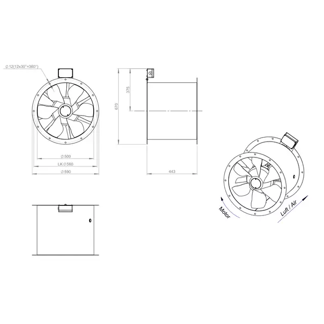 Aksial 500 mm røggasventilator med kanal F400 - AL 500 D4 F4 01 CFG