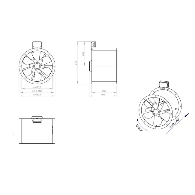 Aksial 450 mm kanalventilator røggas F300- AL 450 D2 F3 02 CFG