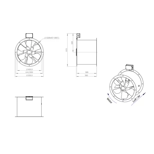 Aksial 450 mm røggasventilator med kanal F300- AL 450 D4 F3 02 CFG