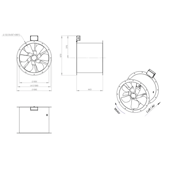 Aksial 500 mm røggasventilator med kanal F300- AL 500 D4 F3 02 CFG