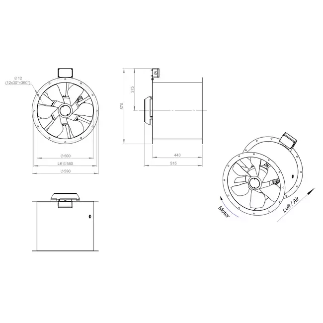 Aksial 500 mm røggasventilator med kanal F300- AL 500 D42U F3 01 CFG