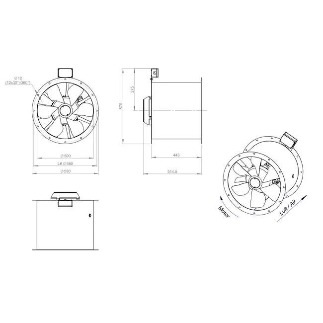 Aksial 500 mm røggasventilator med kanal F400 - AL 500 D2 F4 03 CFG