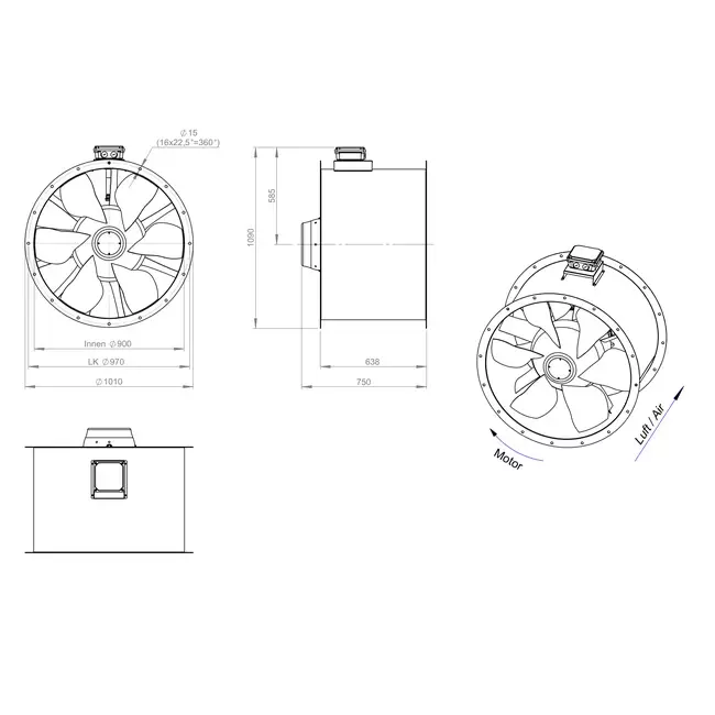 Aksial 900 mm røggasventilator med kanal F400 - AL 900 D84U F4 02 CFG