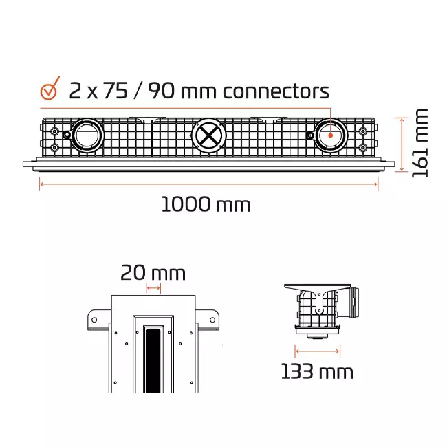Ergovent pudsbar rammeløs lineær ventilationsrist 1000 mm med tilslutningsdiameter 75 mm – standard