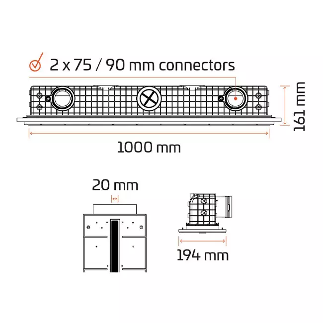 Ergovent pudsbar rammeløs lineær ventilationsrist 1000 mm med tilslutningsdiameter 75 mm – profil