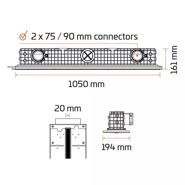 Ergovent rammeløs spaltediffusor 1050 mm med tilslutningsdiameter 75 mm - modulær - 1 spalte