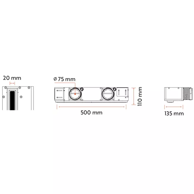 Ergovent rammeløst gitter 500 mm med tilslutningsdiameter 75 mm - standard