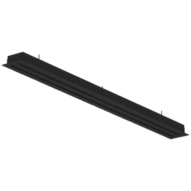 Aluminiumsgitter med 4 justerbare mønsterplader – 1250 mm – RAL 9005 + akustisk isoleret plenum med luftstrømsreguleringsventil