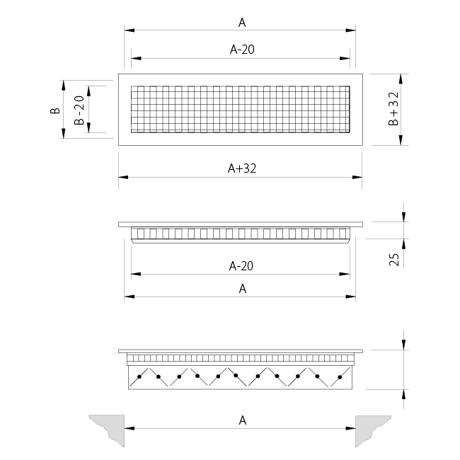 Væggitter i aluminium med fast gitter - med friktionsfjedre - 200x100 mm - RAL 9010