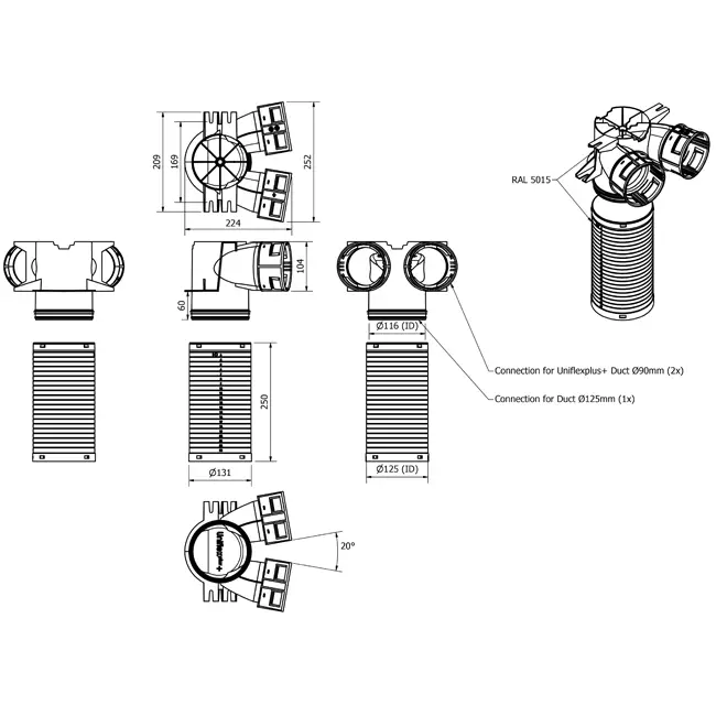 Vent-Axia Uniflexplus ventilopsamler 2 x Ø90 mm - Ø125 mm