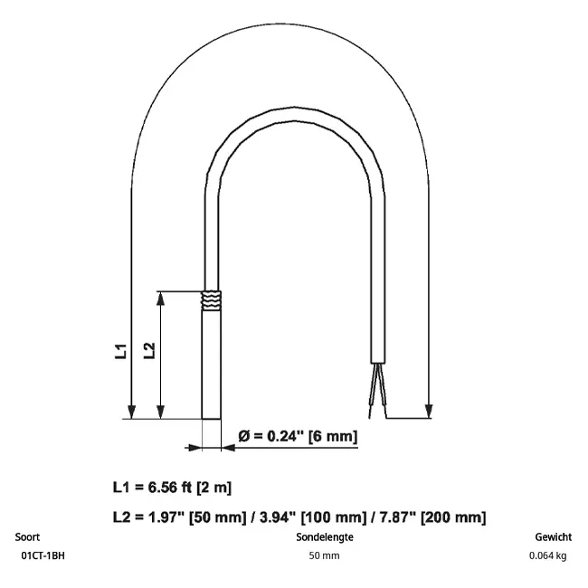 Belimo kabeltemperaturføler PT1000 50x6 mm - 2 meter - 01CT-1BH