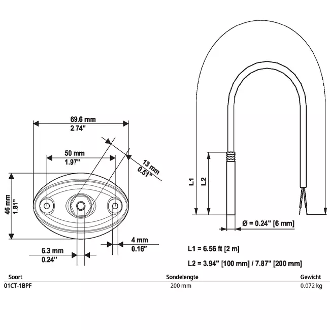 Belimo kabeltemperaturføler PT1000 200x6 mm - 2 meter med monteringsflange - 01CT-1BPF