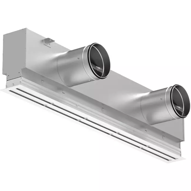 Aluminiumsgitter med 3 justerbare mønsterplader – 1500 mm – RAL 9016 + akustisk isoleret plenum med luftstrømsreguleringsventil