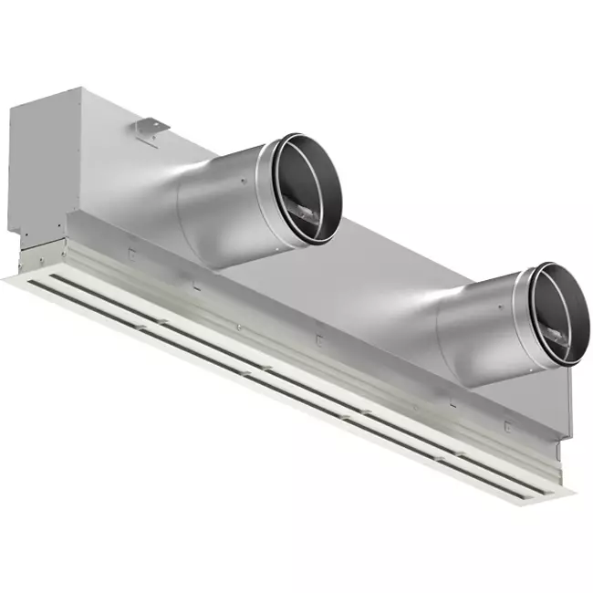 Aluminiumsgitter med 2 justerbare mønsterplader – 1500 mm – RAL 9010 + akustisk isoleret plenum med luftstrømsreguleringsventil