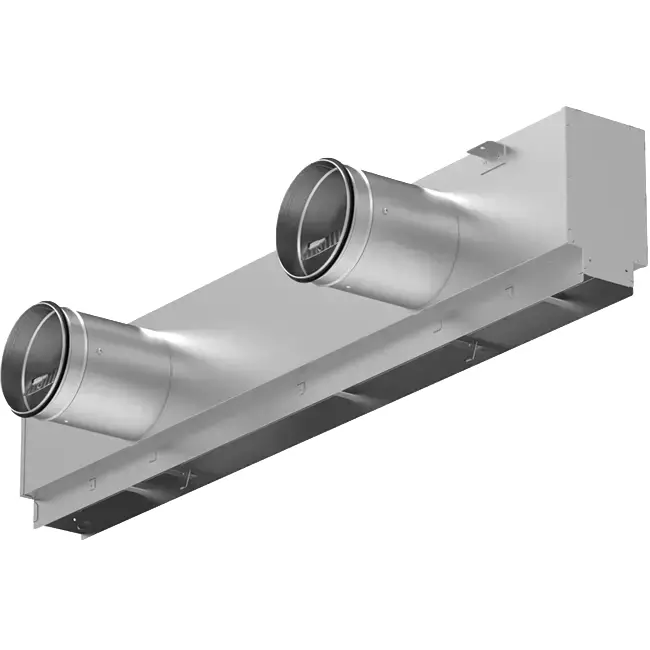 Aluminiumsgitter med 2 justerbare mønsterplader – 1500 mm – RAL 9010 + akustisk isoleret plenum med luftstrømsreguleringsventil