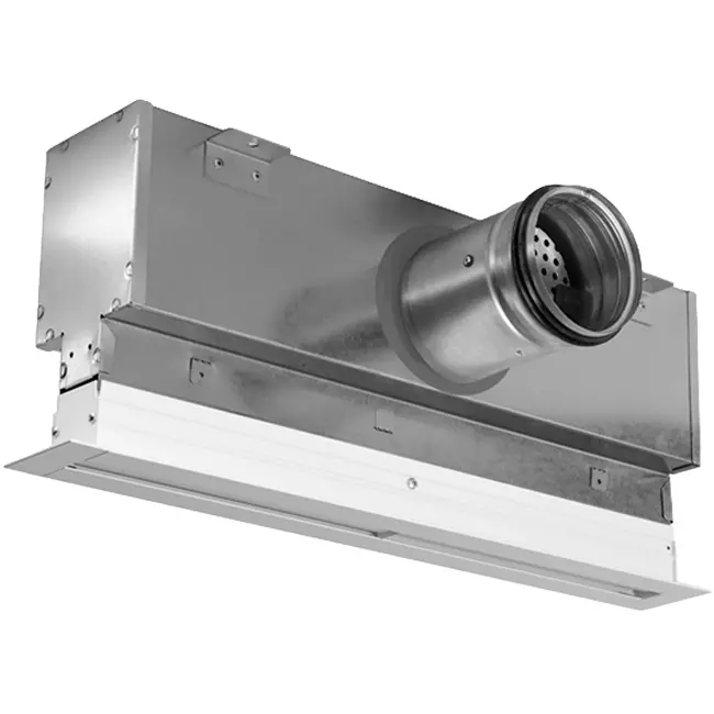 Aluminiumsgitter med 1 justerbart mønsterblad – 1000 mm – RAL 9016 + akustisk isoleret plenum med luftstrømsreguleringsventil