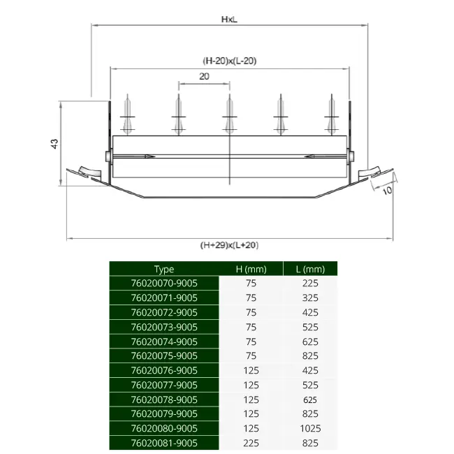 ClimaConnect kanalrist, enkelt justerbar, 425 x 75 mm, til rør fra 160 til 400 mm – RAL 9005