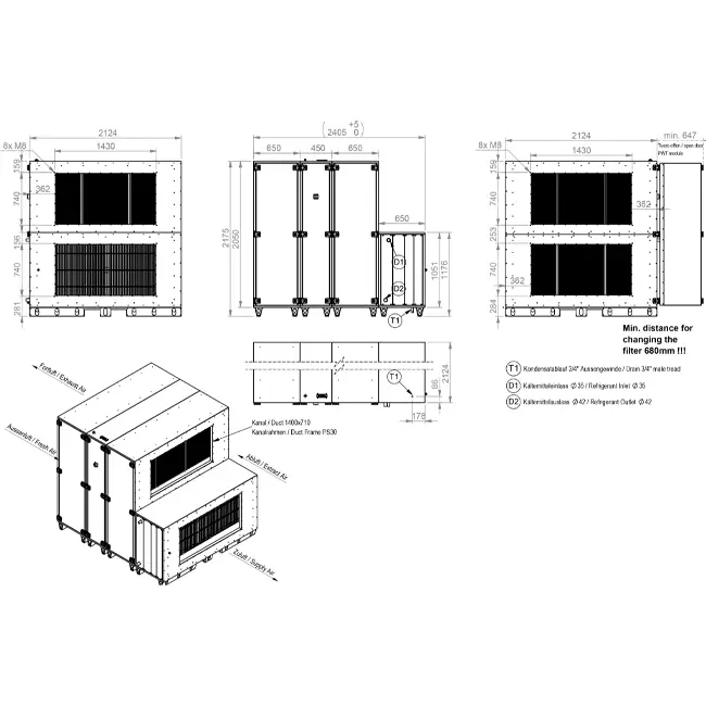Maxivent WTW luftbehandlingsanlæg med varmehjul, 10.000 m³/h, med DX-batteri, vandret til venstre – RHE 10000 H ODJL T 01