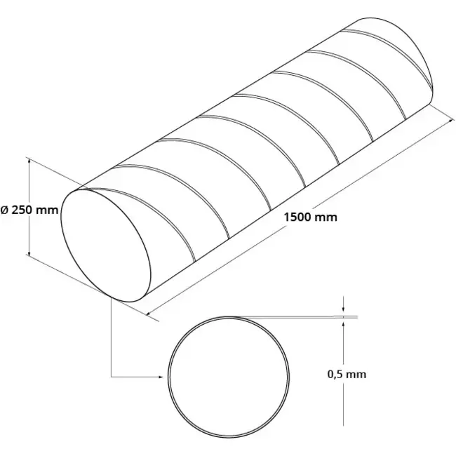 Spirorør, diameter 250 mm, længde 1,5 meter – rundt, galvaniseret