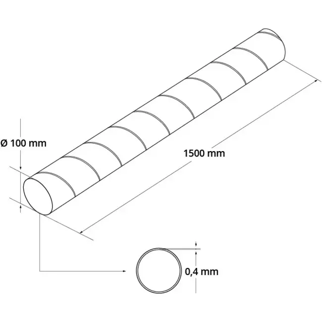 Spirorør, diameter 100 mm, længde 1,5 meter – rundt, galvaniseret