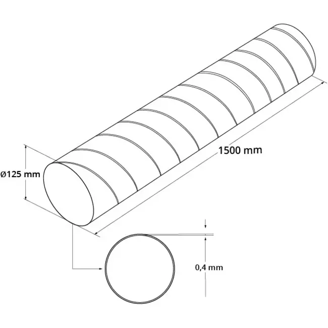 Spirorør, diameter 125 mm, længde 1,5 meter – rundt, galvaniseret