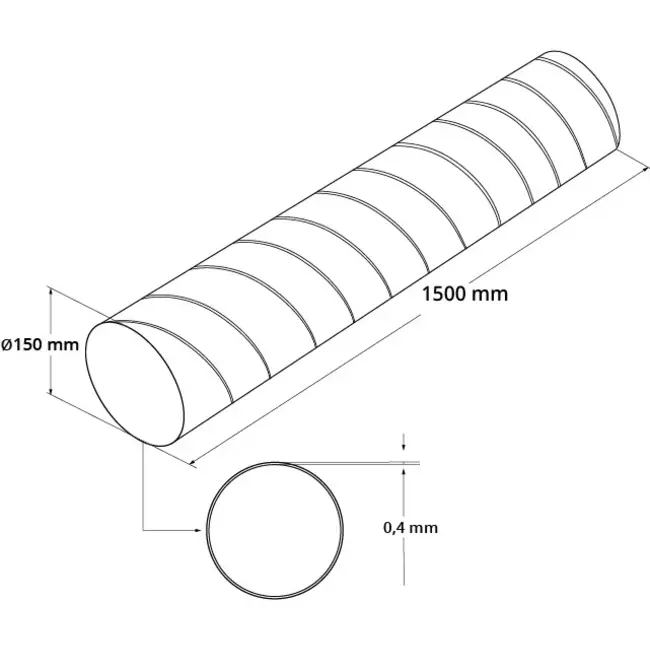 Spirorør, diameter 150 mm, længde 1,5 meter – rundt, galvaniseret