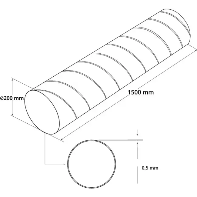 Spirorør, diameter 200 mm, længde 1,5 meter – rundt, galvaniseret