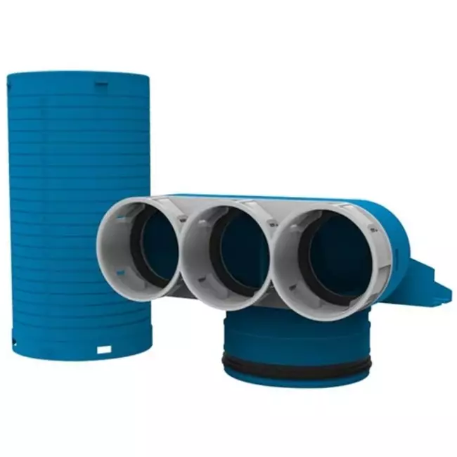 Vent-Axia Uniflexplus ventilmanifold 3 x Ø69mm med samlestykke Ø 125 mm 90° (lang)
