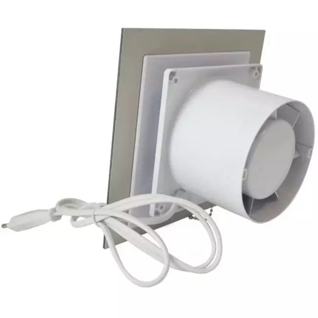 Badeværelsesventilator Ø 100 mm med træksnor og strømstik – frontpanel i satin sølvfarvet glas