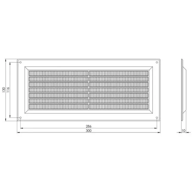 Rektangulær ventilationsrist med rist 130x300 hvid - VR1330